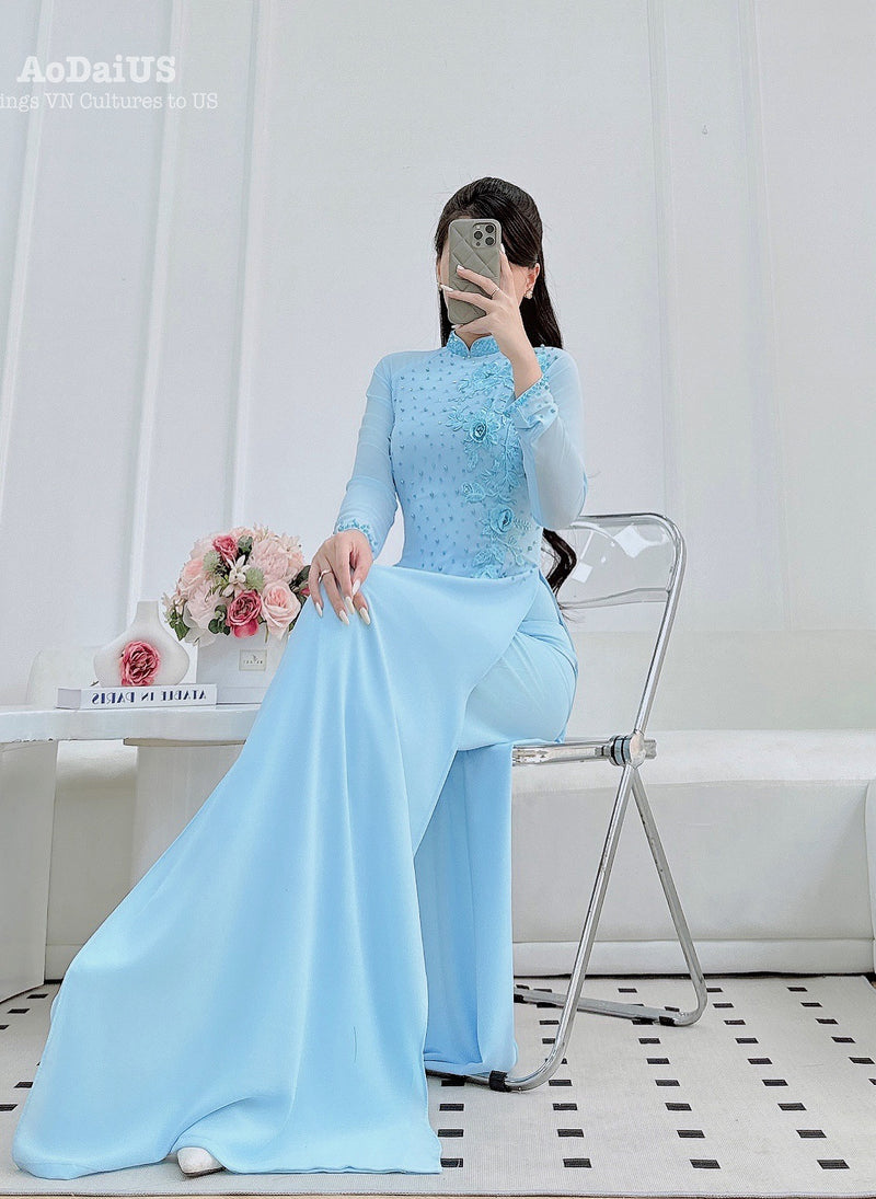 3D Floral with Crystal Blue Traditional Vietnamese Ao Dai Set A52