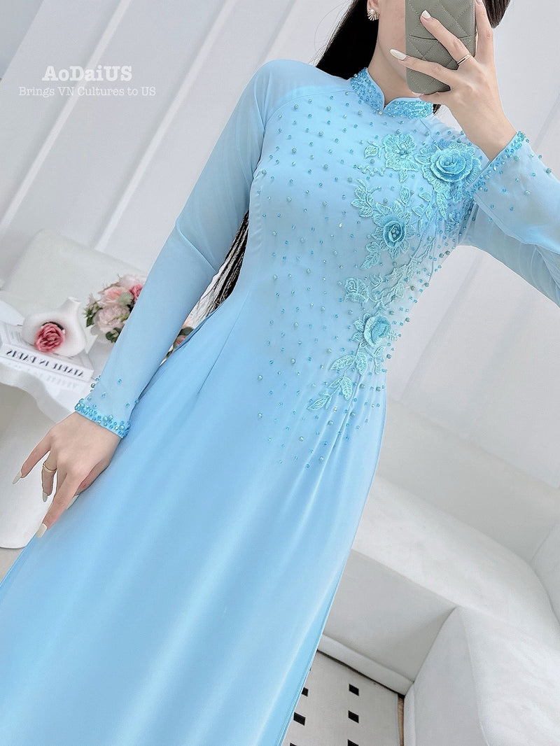 3D Floral with Crystal Blue Traditional Vietnamese Ao Dai Set A52