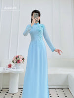 3D Floral with Crystal Blue Traditional Vietnamese Ao Dai Set A52