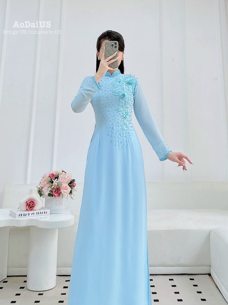 3D Floral with Crystal Blue Traditional Vietnamese Ao Dai Set A52