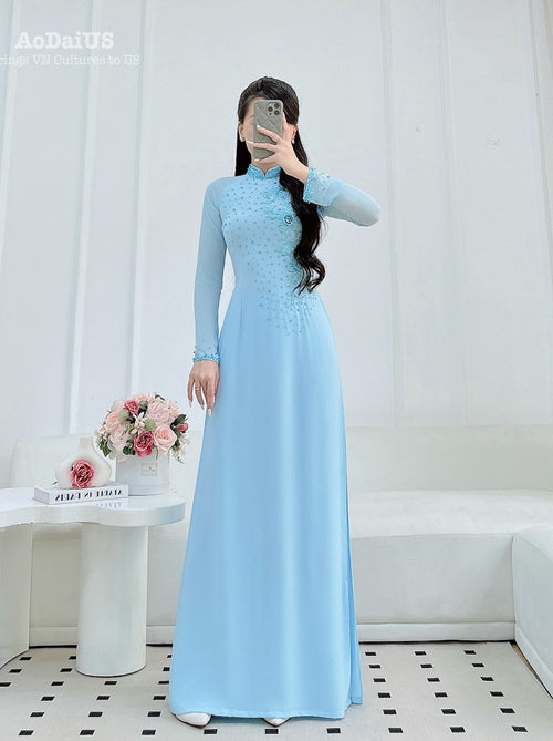 3D Floral with Crystal Blue Traditional Vietnamese Ao Dai Set A52