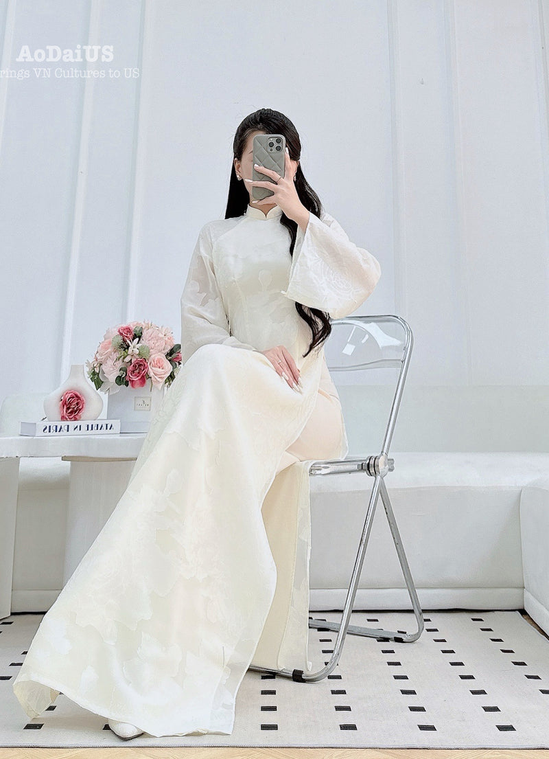 Cream Embossed Floral Ao Dai Traditional Ao Dai Set | Áo Dài Kem B11