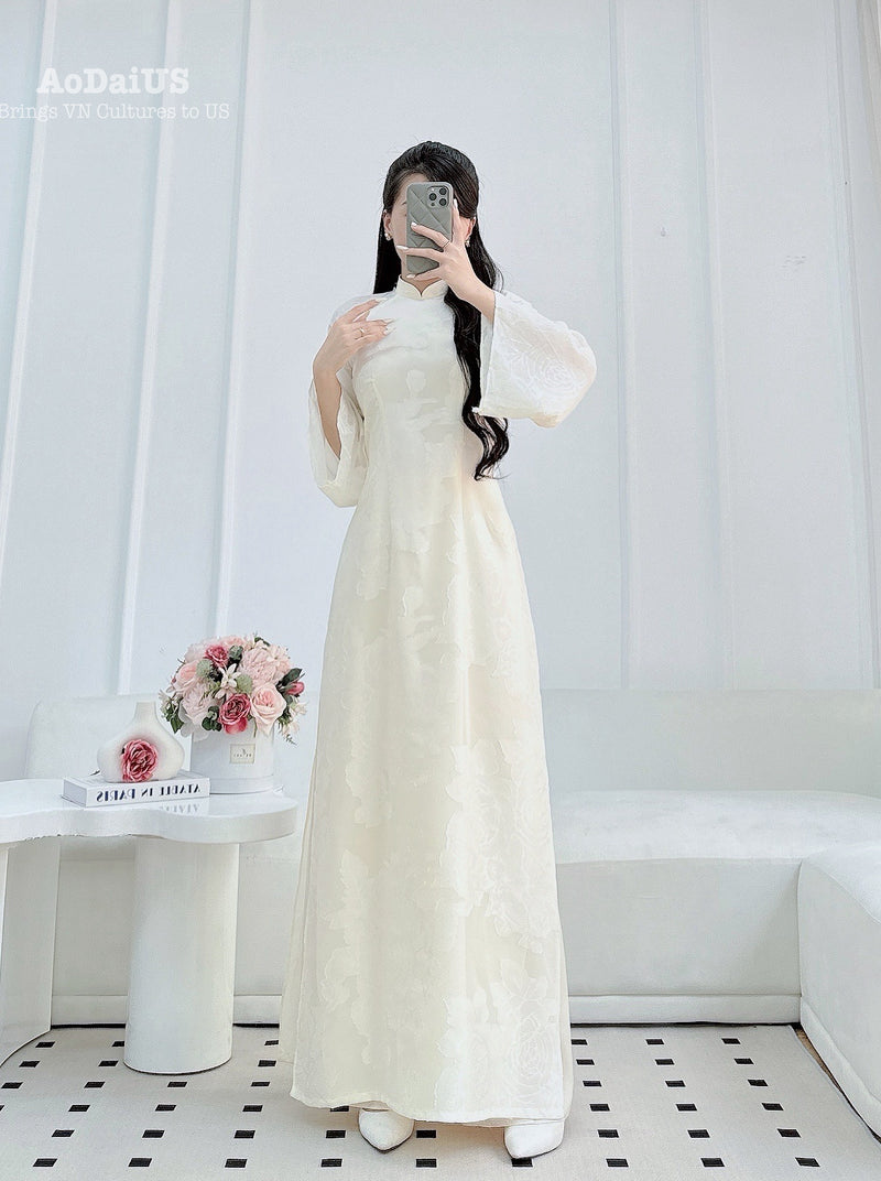 Cream Embossed Floral Ao Dai Traditional Ao Dai Set | Áo Dài Kem B11