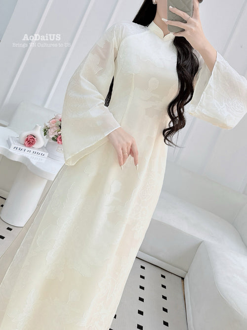 Cream Embossed Floral Ao Dai Traditional Ao Dai Set | Áo Dài Kem B11