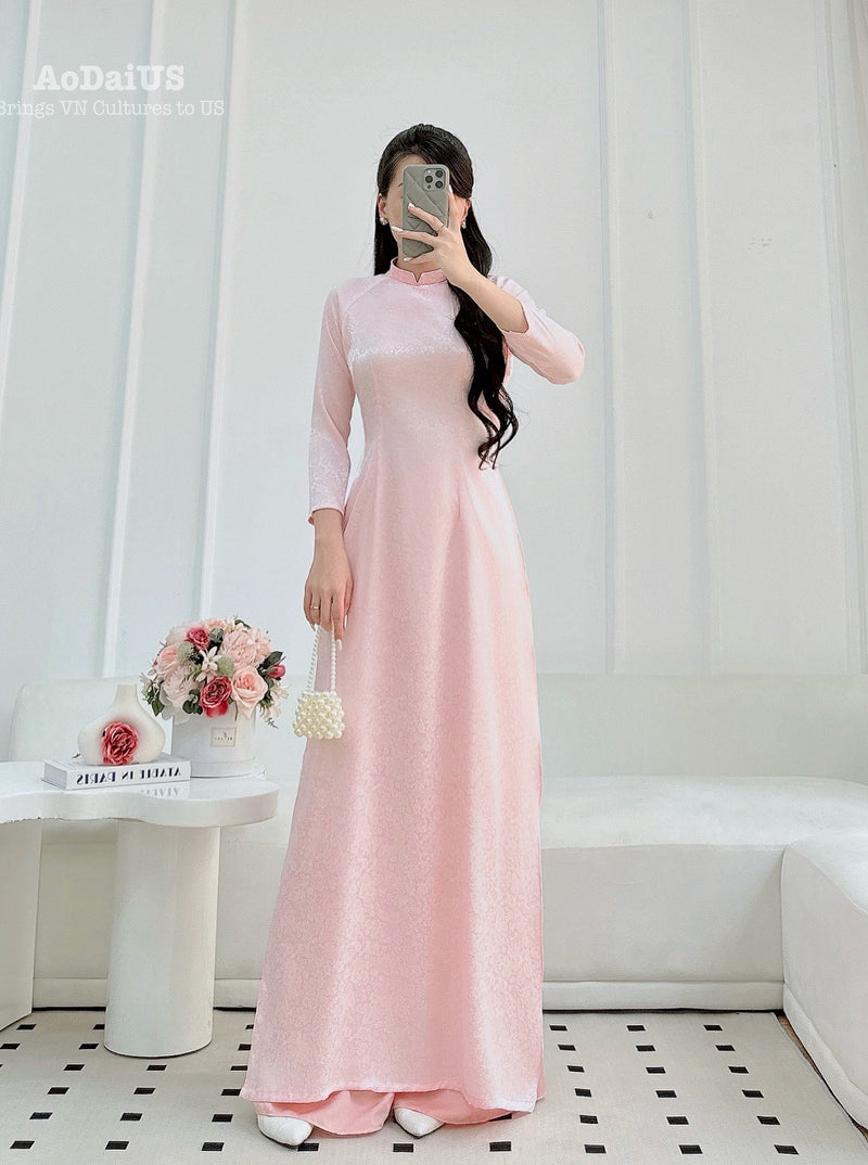 Light Pink Floral Ao Dai Traditional Ao Dai Set | Pink Áo Dài Gấm F36
