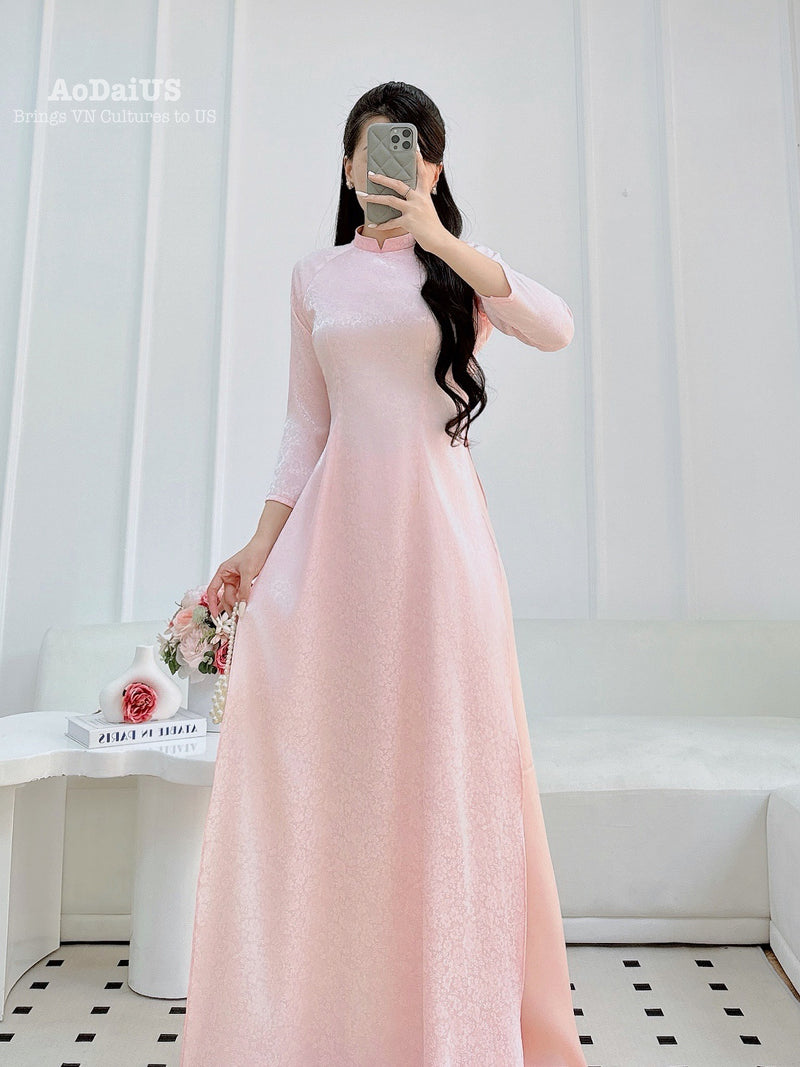 Light Pink Floral Ao Dai Traditional Ao Dai Set | Pink Áo Dài Gấm F36