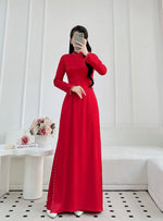 Red Gam Ao Dai with Imperial Floral Pattern and Beaded Pearls Set | Áo dài Gấm đỏ họa tiết hoa đính hạt ngọc