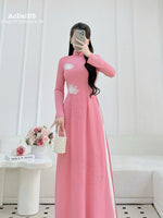 Pink Traditional Ao Dai with Lotus Design and Crystal Beading No Pants | Áo dài truyền thống màu hồng họa tiết hoa sen đính pha lê