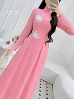 Pink Traditional Ao Dai with Lotus Design and Crystal Beading No Pants | Áo dài truyền thống màu hồng họa tiết hoa sen đính pha lê
