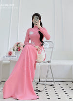 Pink Traditional Ao Dai with Lotus Design and Crystal Beading No Pants | Áo dài truyền thống màu hồng họa tiết hoa sen đính pha lê