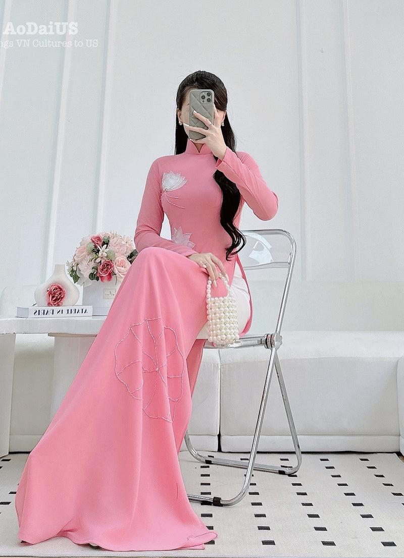 Pink Traditional Ao Dai with Lotus Design and Crystal Beading No Pants | Áo dài truyền thống màu hồng họa tiết hoa sen đính pha lê