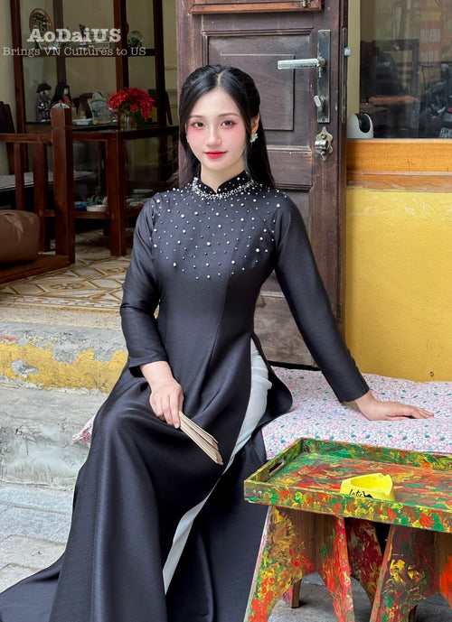 Black Pearl Grace Traditional Vietnamese Ao Dai No Pants J4