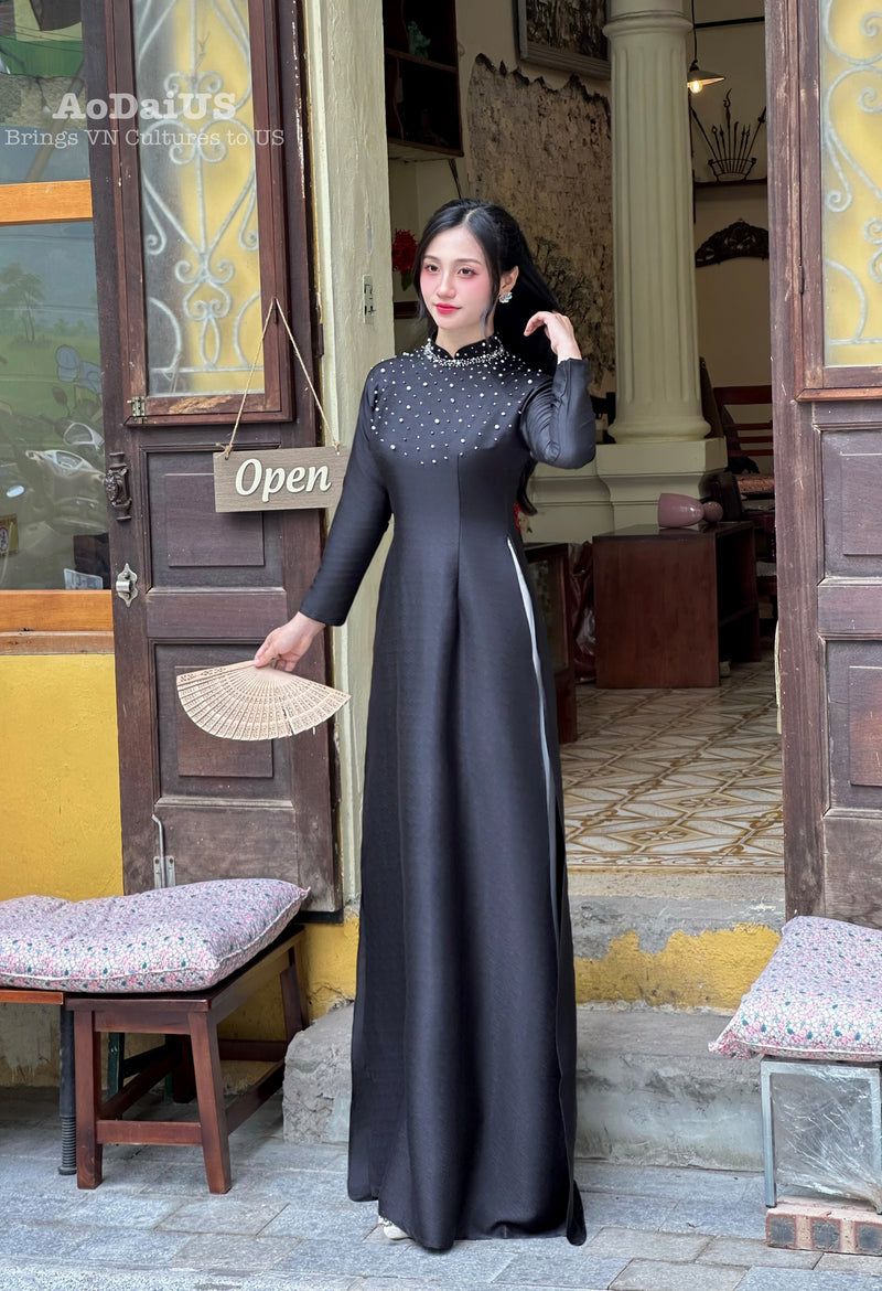 Black Pearl Grace Traditional Vietnamese Ao Dai No Pants J4