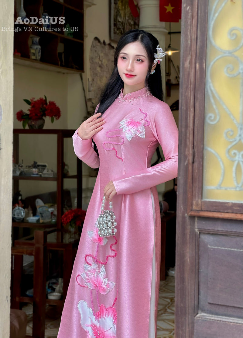 Blush Lotus Elegance Ao Dai Traditional Vietnamese Ao Dai No Pants J6