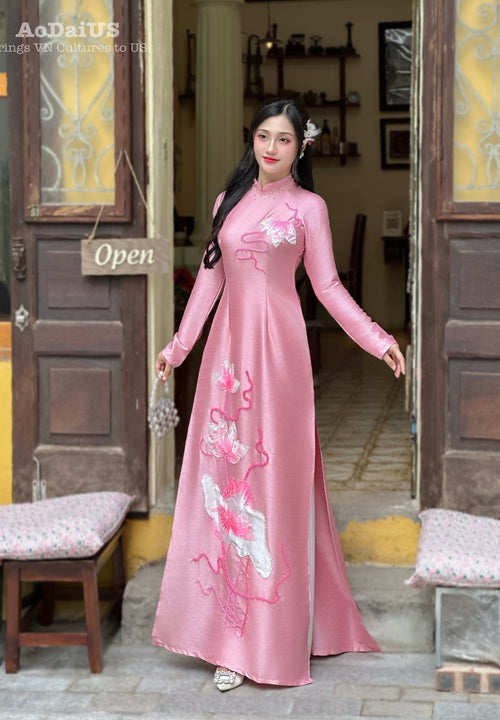 Blush Lotus Elegance Ao Dai Traditional Vietnamese Ao Dai No Pants J6