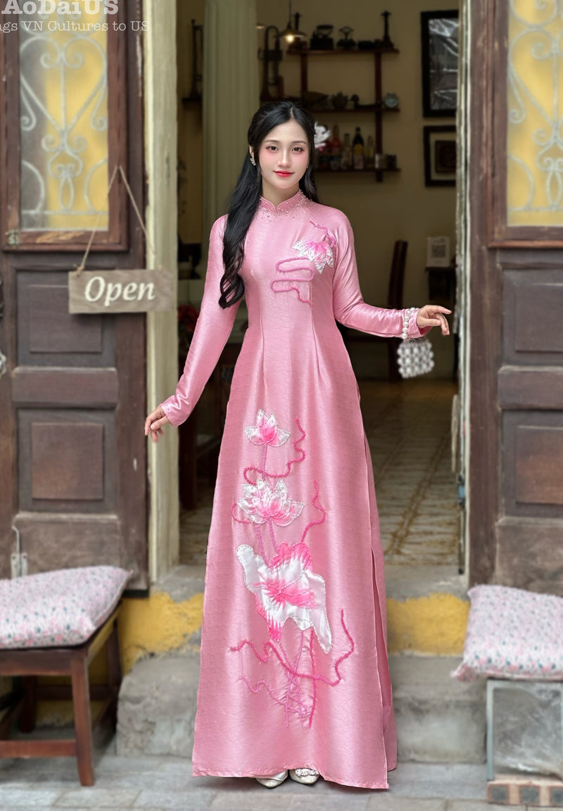 Blush Lotus Elegance Ao Dai Traditional Vietnamese Ao Dai No Pants J6