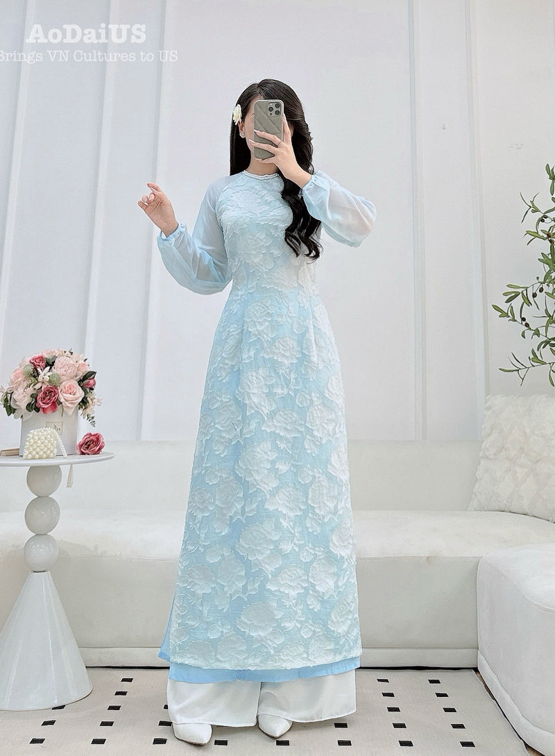 Angle Blue Modern Vietnamese Ao Dai NO PANTS | Women Vietnamese Dress D20