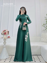 Tra Giang Floral Traditional Vietnamese Ao Dai No Pants with Beading Crystals | Áo Dài Truyền Thống H11