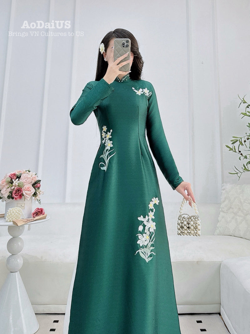 Tra Giang Floral Traditional Vietnamese Ao Dai No Pants with Beading Crystals | Áo Dài Truyền Thống H11
