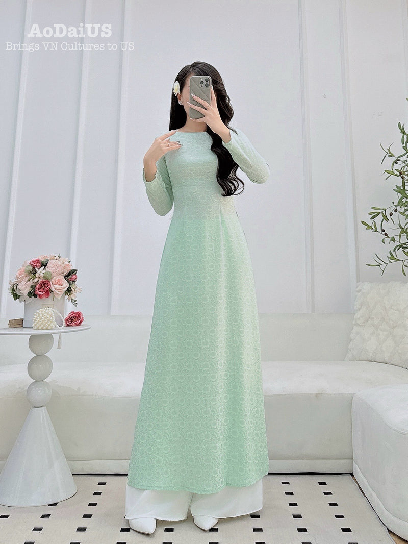 Mint Daisy Traditional Ao Dai Gấm No Pants | Women Vietnamese Dress J12