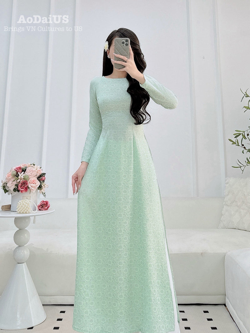 Mint Daisy Traditional Ao Dai Gấm No Pants | Women Vietnamese Dress J12