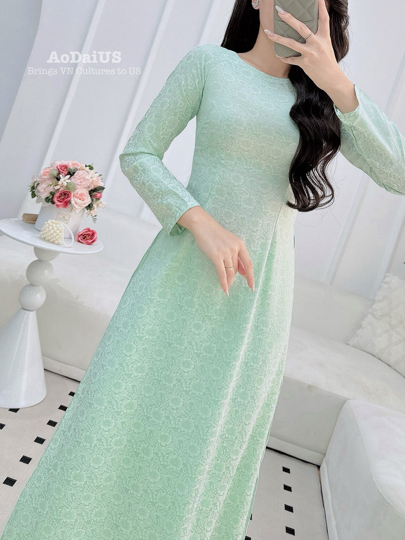 Mint Daisy Traditional Ao Dai Gấm No Pants | Women Vietnamese Dress J12