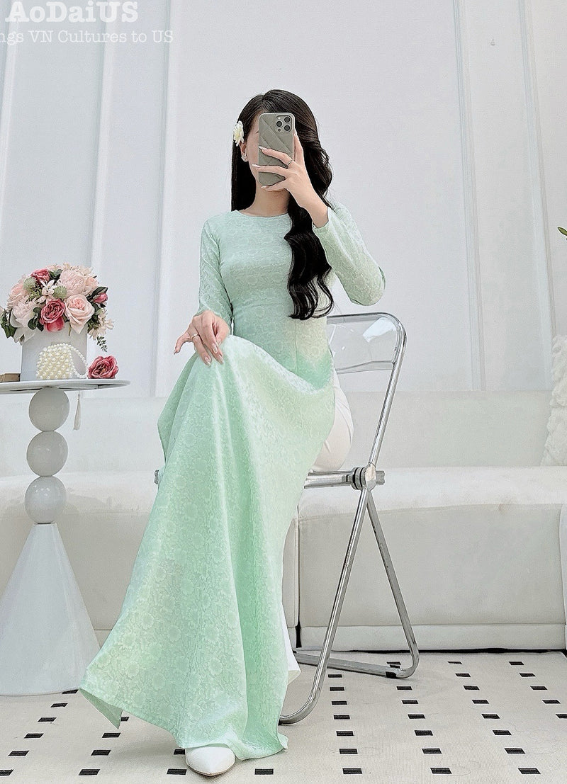 Mint Daisy Traditional Ao Dai Gấm No Pants | Women Vietnamese Dress J12