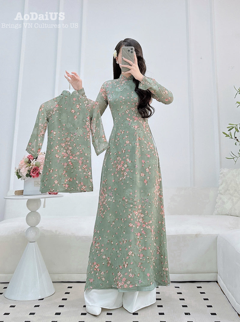 Green Matching Mom and Daughter Ao Dai | Mother Daughter Matching A15