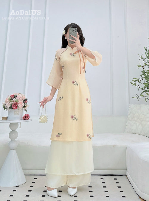 Aurelia Floral Modern Ao Dai Gấm No Pants | Women Vietnamese Dress I16