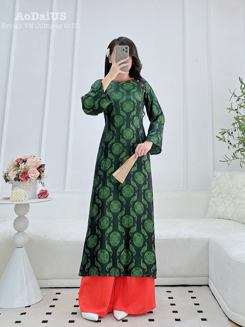 Dark Green Natural Mulberry Silk Matching Mother & Daughter Ao Dai | Traditional Vietnamese Ao Dai H50