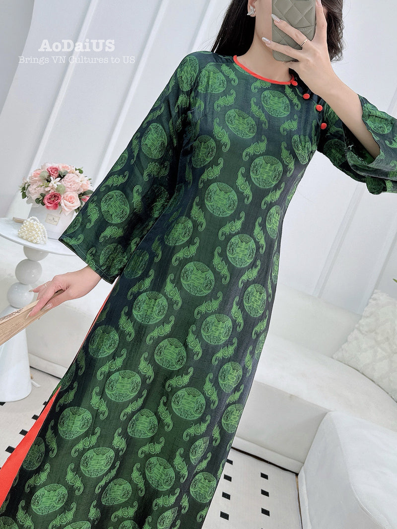 Dark Green Natural Mulberry Silk Matching Mother & Daughter Ao Dai | Traditional Vietnamese Ao Dai H50