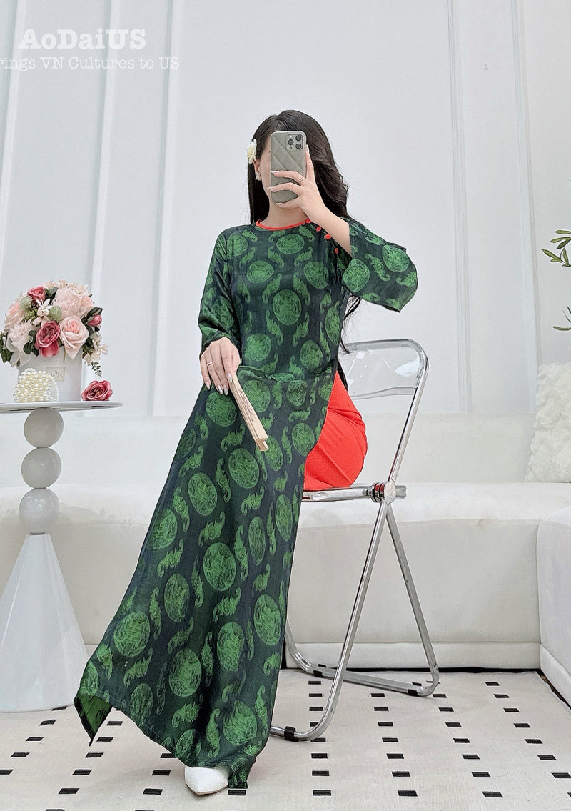 Dark Green Natural Mulberry Silk Matching Mother & Daughter Ao Dai | Traditional Vietnamese Ao Dai H50