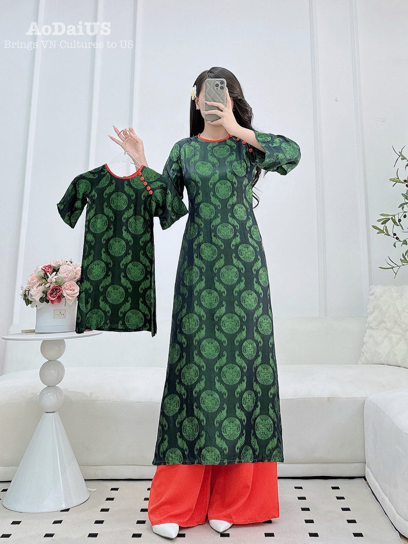 Dark Green Natural Mulberry Silk Matching Mother & Daughter Ao Dai | Traditional Vietnamese Ao Dai H50