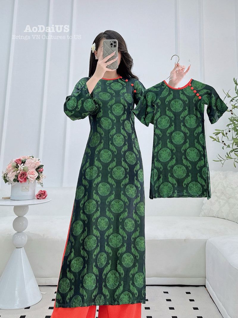 Dark Green Natural Mulberry Silk Matching Mother & Daughter Ao Dai | Traditional Vietnamese Ao Dai H50