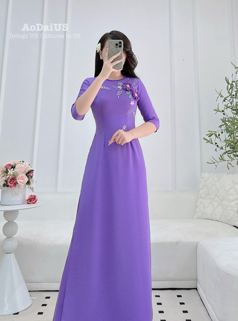 Floral Purple Vietnamese Traditional Ao Dai B36