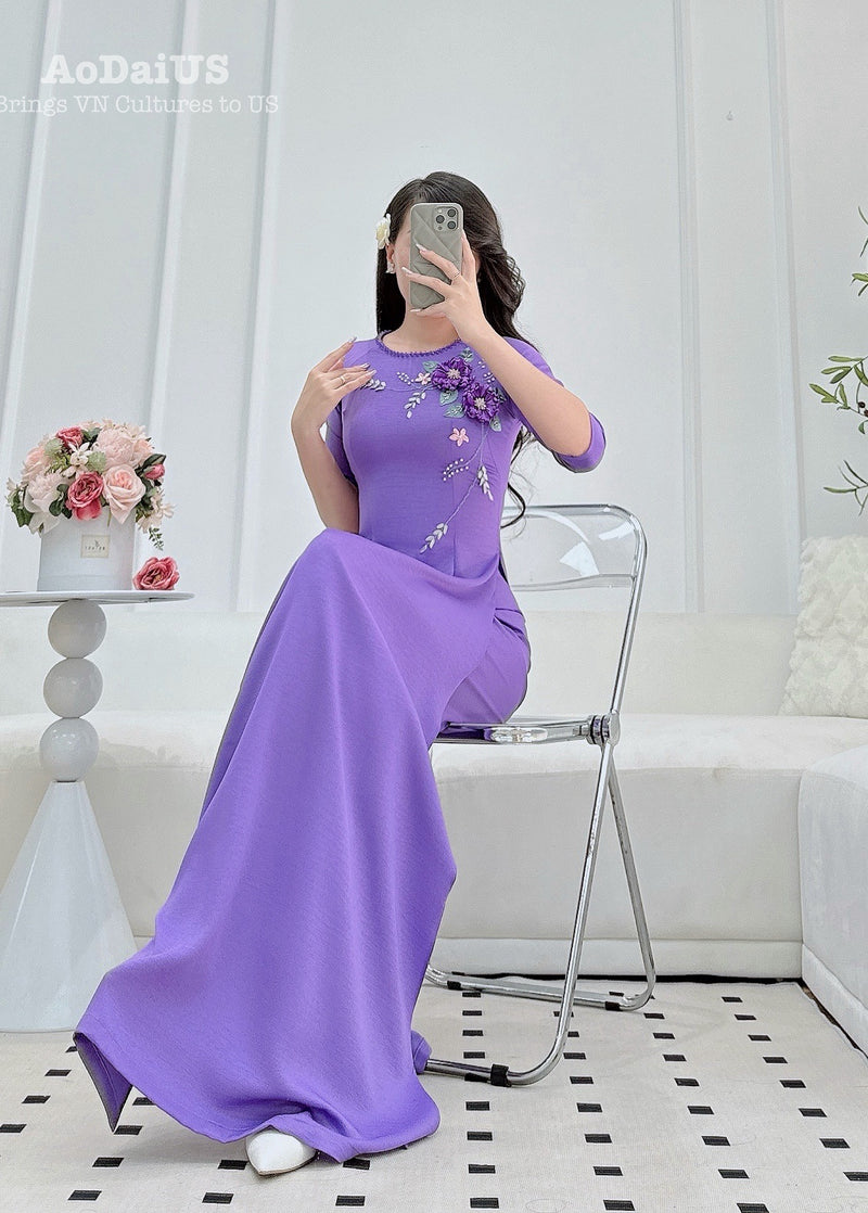 Floral Purple Vietnamese Traditional Ao Dai B36