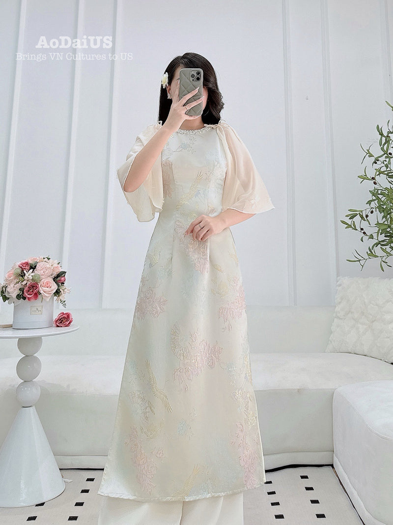 Beige Eternal Bond Matching Couple Ao Dai | Áo Dài Gia Đình V1