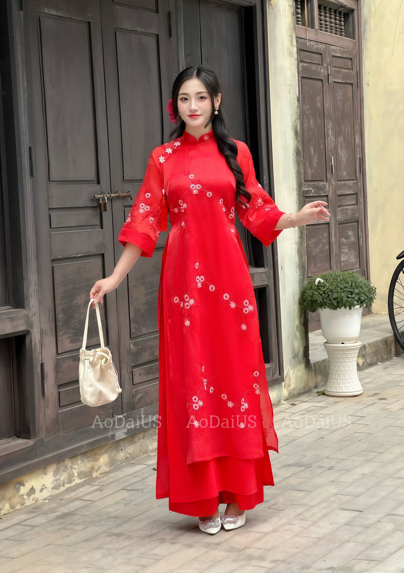 Red Modern Floral Ao Dai For Women Set | Vietnamese Modernized Dress | Up to 10XL I3