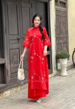 Red Modern Floral Ao Dai For Women Set | Vietnamese Modernized Dress | Up to 10XL I3