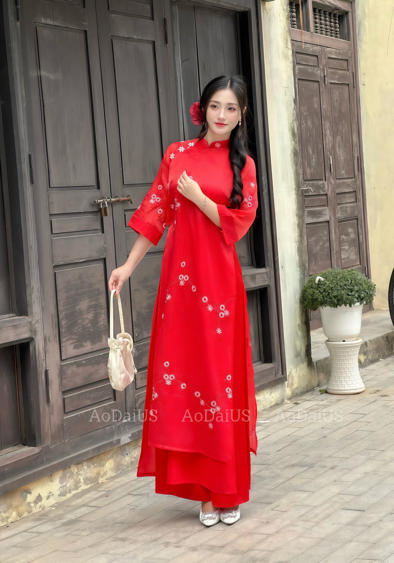 Red Modern Floral Ao Dai For Women Set | Vietnamese Modernized Dress | Up to 10XL I3