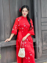 Red Modern Floral Ao Dai For Women Set | Vietnamese Modernized Dress | Up to 10XL I3