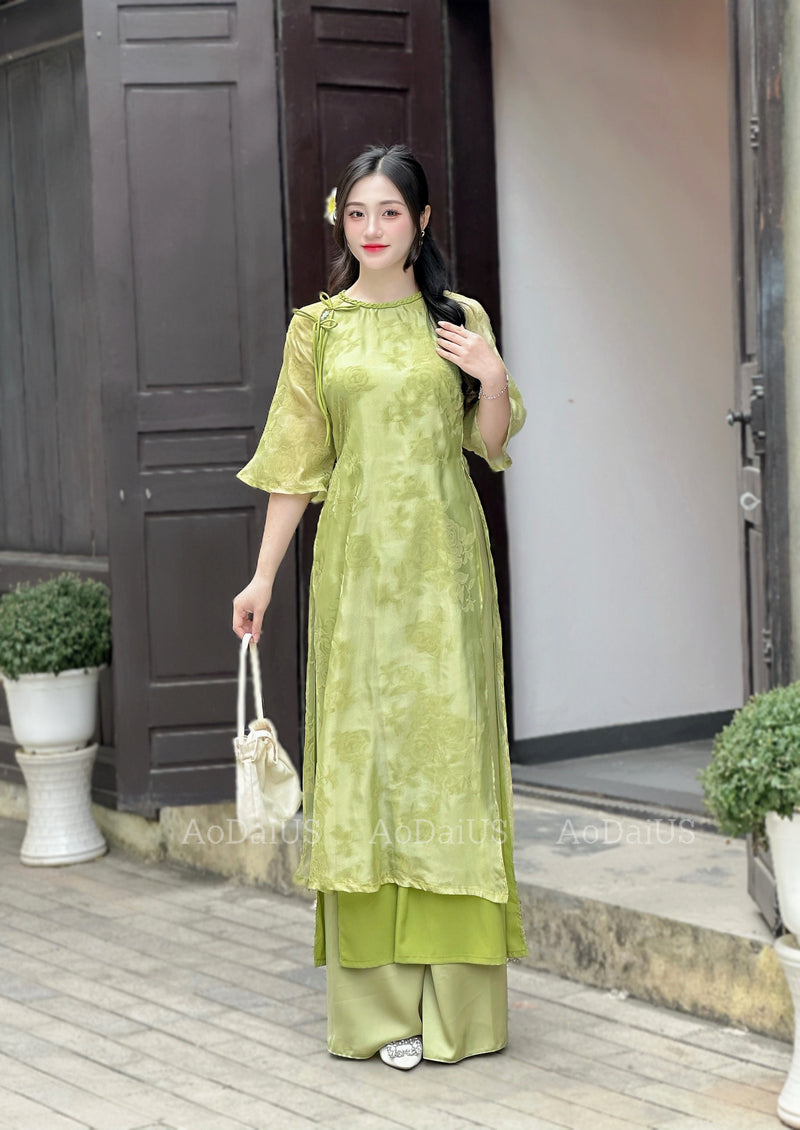 Green Modern Floral Ao Dai For Women | Vietnamese Modernized Dress | Up to 10XL H19