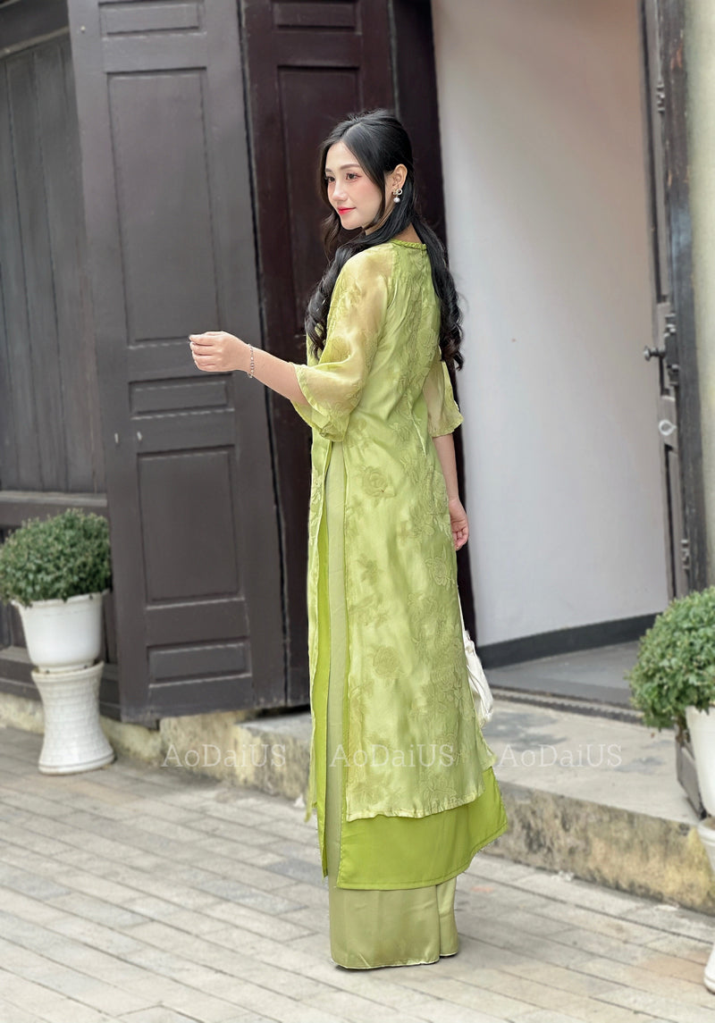 Green Modern Floral Ao Dai For Women | Vietnamese Modernized Dress | Up to 10XL H19