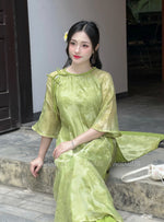 Green Modern Floral Ao Dai For Women | Vietnamese Modernized Dress | Up to 10XL H19