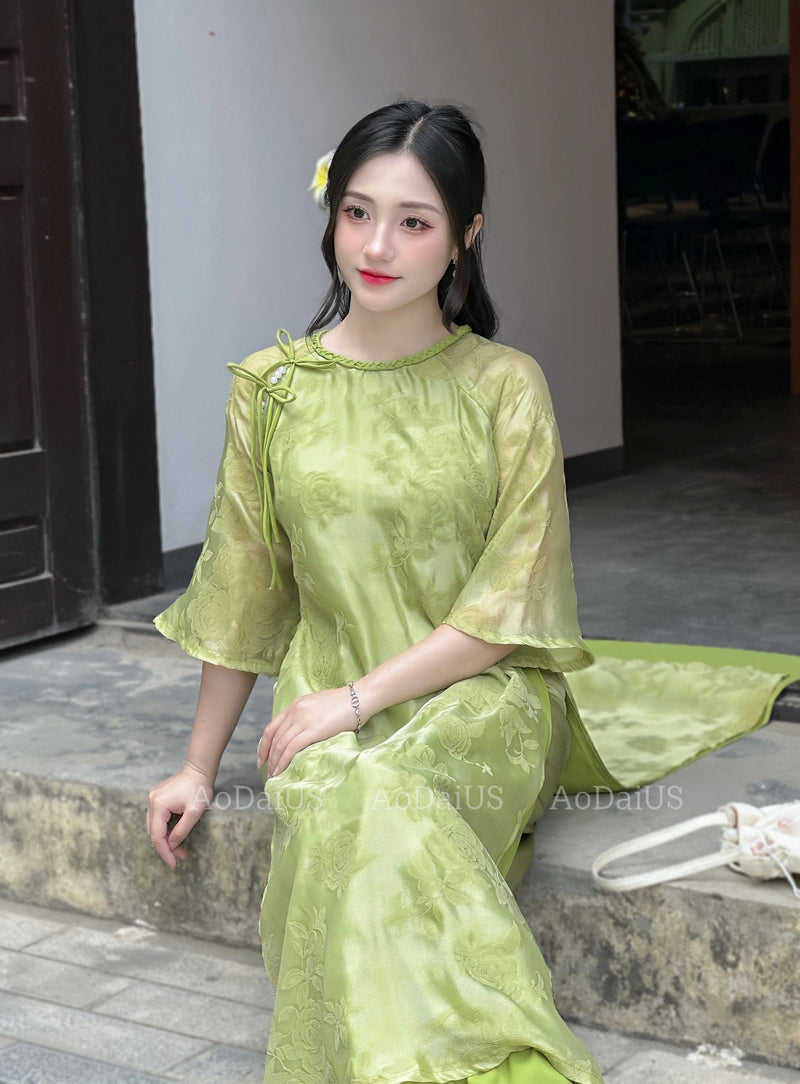 Green Modern Floral Ao Dai For Women | Vietnamese Modernized Dress | Up to 10XL H19