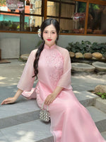 Blush Petal Elegance Ao Dai Set No Headband| Áo Dài Hồng Đào Xuân F14