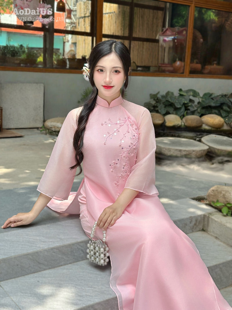 Blush Petal Elegance Ao Dai Set No Headband| Áo Dài Hồng Đào Xuân F14