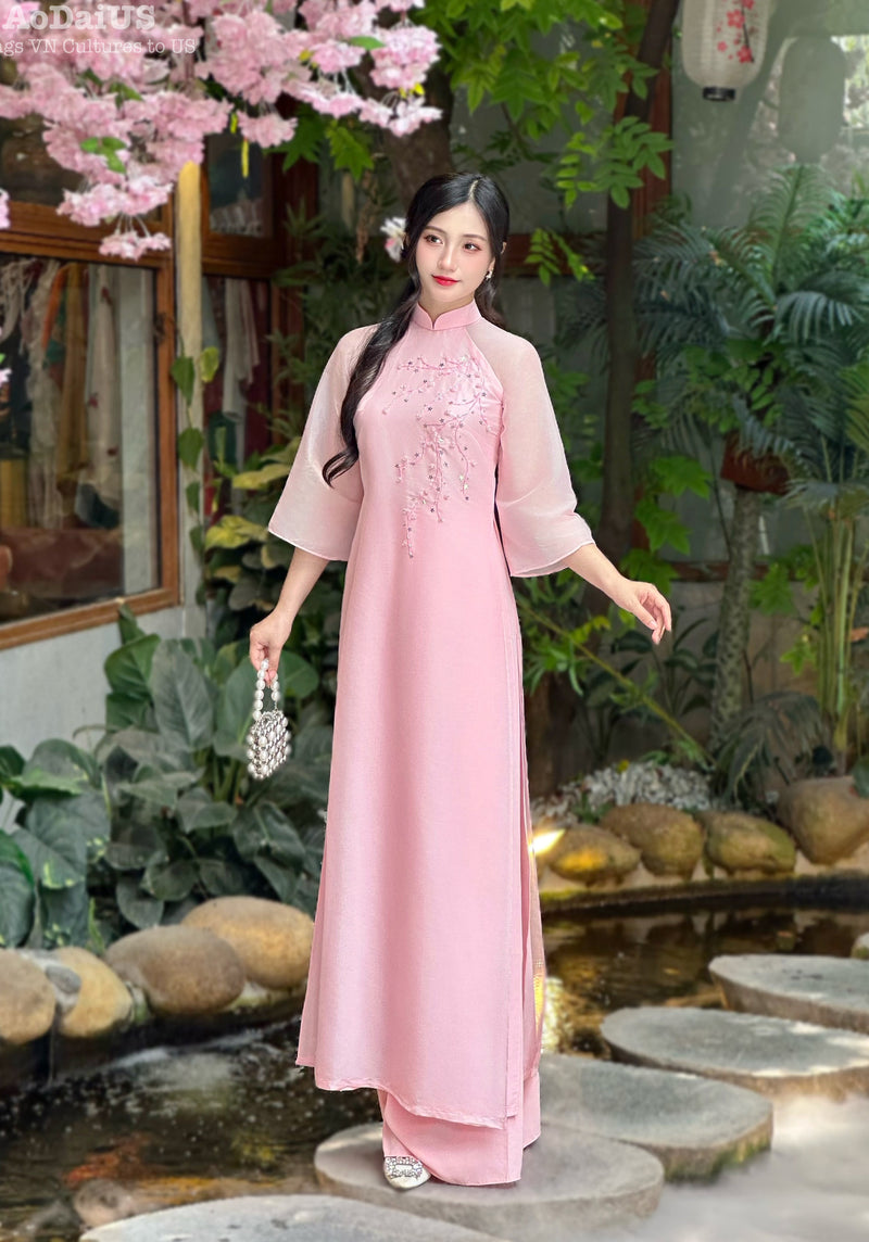 Blush Petal Elegance Ao Dai Set No Headband| Áo Dài Hồng Đào Xuân F14
