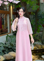 Blush Petal Elegance Ao Dai Set No Headband| Áo Dài Hồng Đào Xuân F14