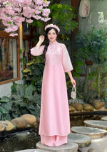 Blush Petal Elegance Ao Dai Set No Headband| Áo Dài Hồng Đào Xuân F14